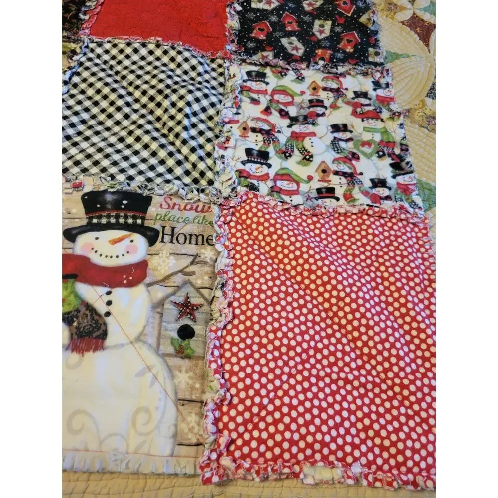 Handmade Snowman Rag Quilt Throw Farmhouse Christmas Holiday Blanket 43 x 48 in‎